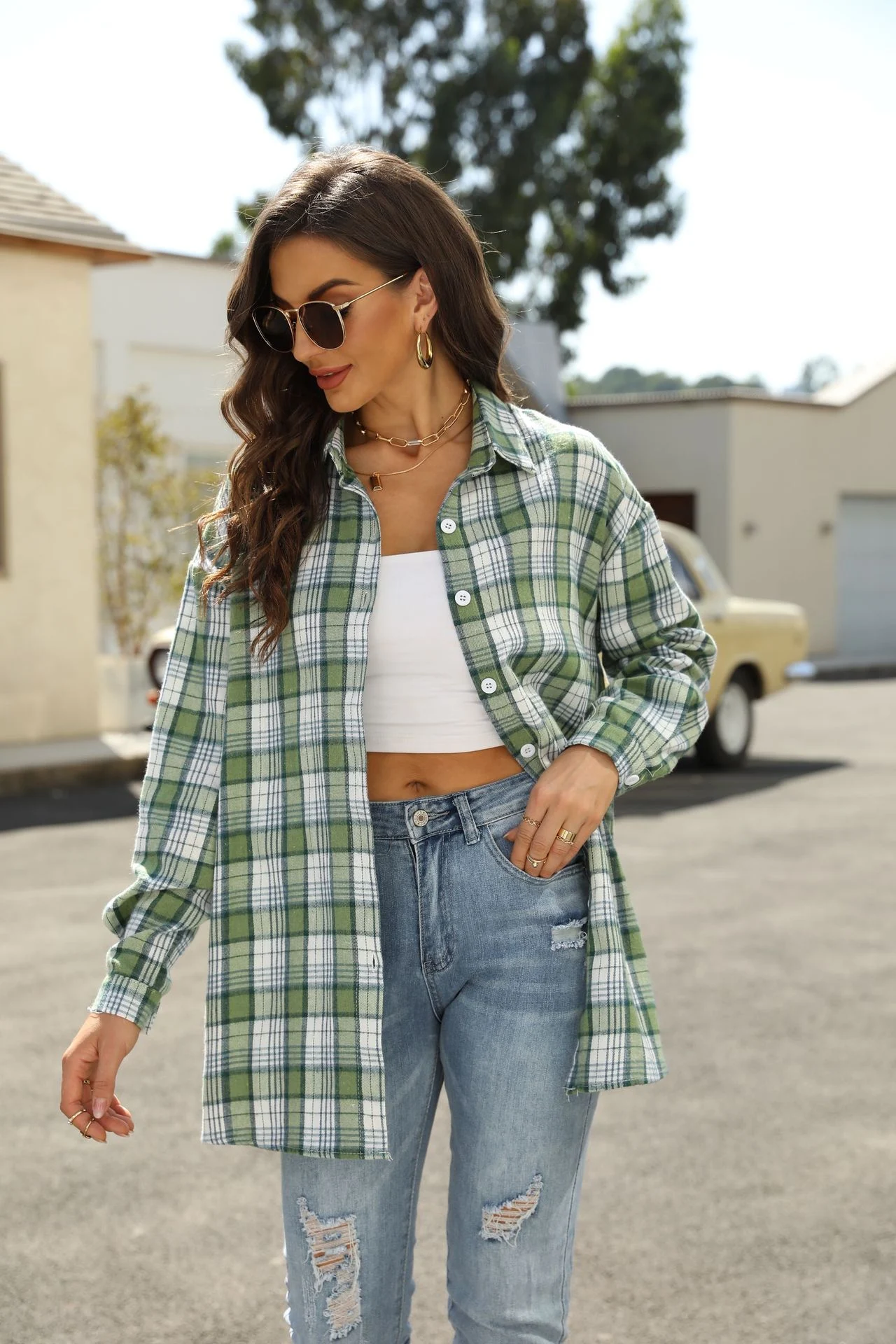 Title 5, Loose And Slim Lapel Long Sleeved Brushed Plaid...