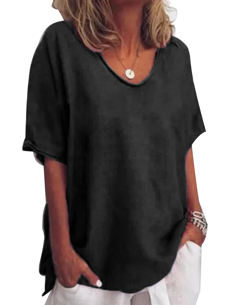 Title 8, Cotton And Linen Solid Color Short-sleeved T-sh...
