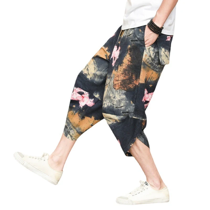 Pantalones harem étnicos florales para hombre, de corte entallado, lino y algodón, estilo casual, frescos y cómodos, ideales para el verano. — foto 2