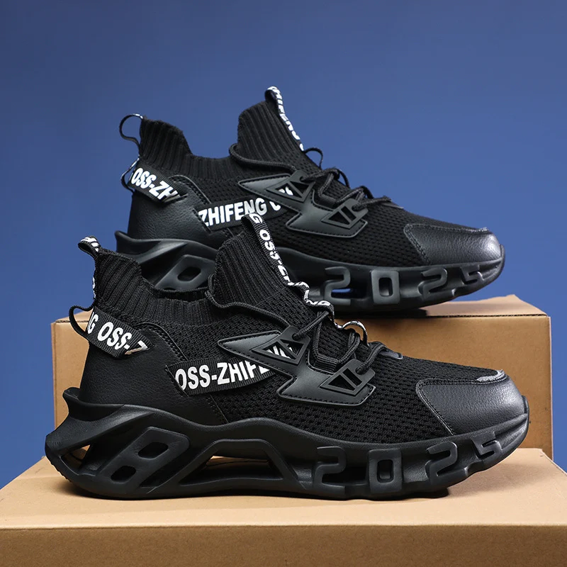 Nowe, casualowe buty z wysoką cholewką i platformą, wykonane z latającej tkaniny. Komfort i styl na co dzień. Nowoczesny design. — zdjęcie 2
