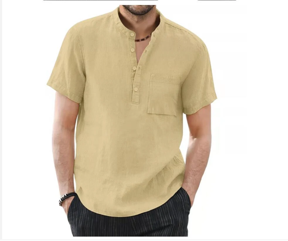 Men's Trendy Stand Collar Cotton Linen Short Sleeve Shirt, perfect for warm weather. Offers a stylish, breathable, and c — photo 21