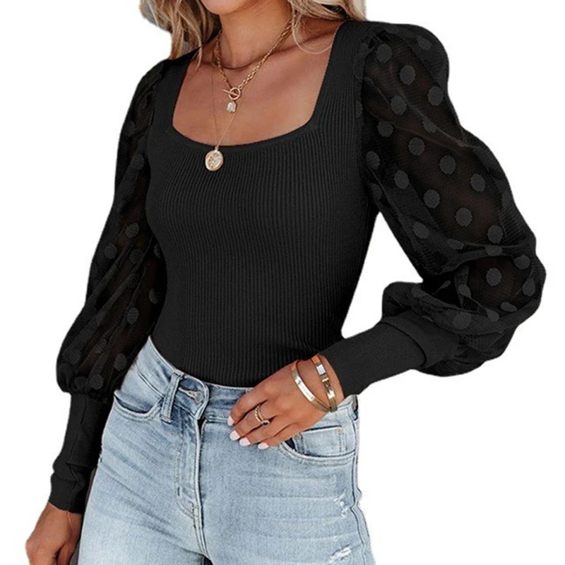 Title 3, Casual Square Neck Mesh Polka Dot Stitching Pit...
