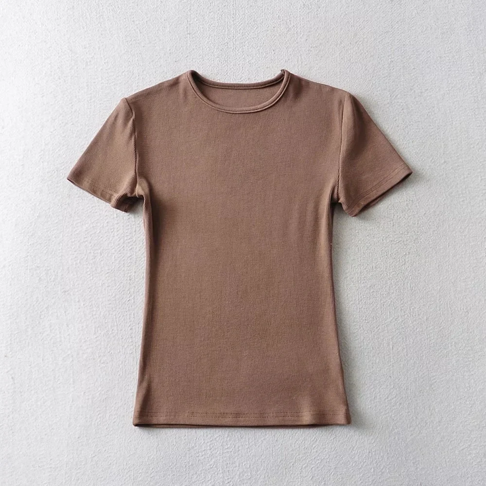 Dames T-shirt met ronde hals, effen kleur en korte mouwen — foto 15