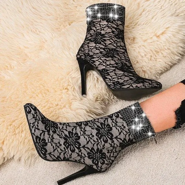 Botas femininas de salto médio fino com tela e renda — foto 4