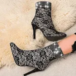 Botas femininas de salto médio fino com tela e renda — foto 4