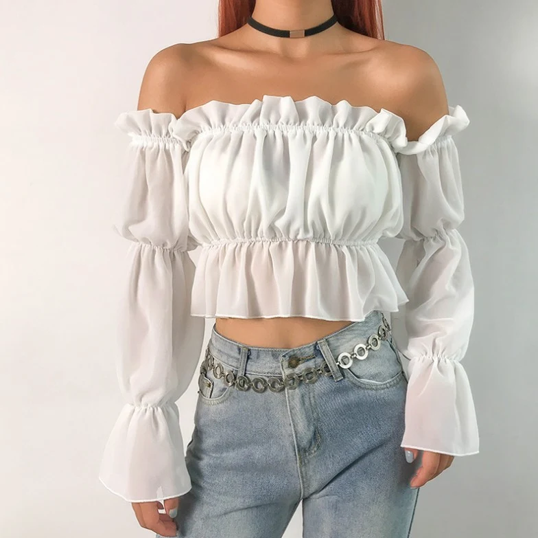 Mesh T-shirt with one word collar, bubble detail, long sleeves and exposed navel, creating a stylish and modern silhouet — photo 3