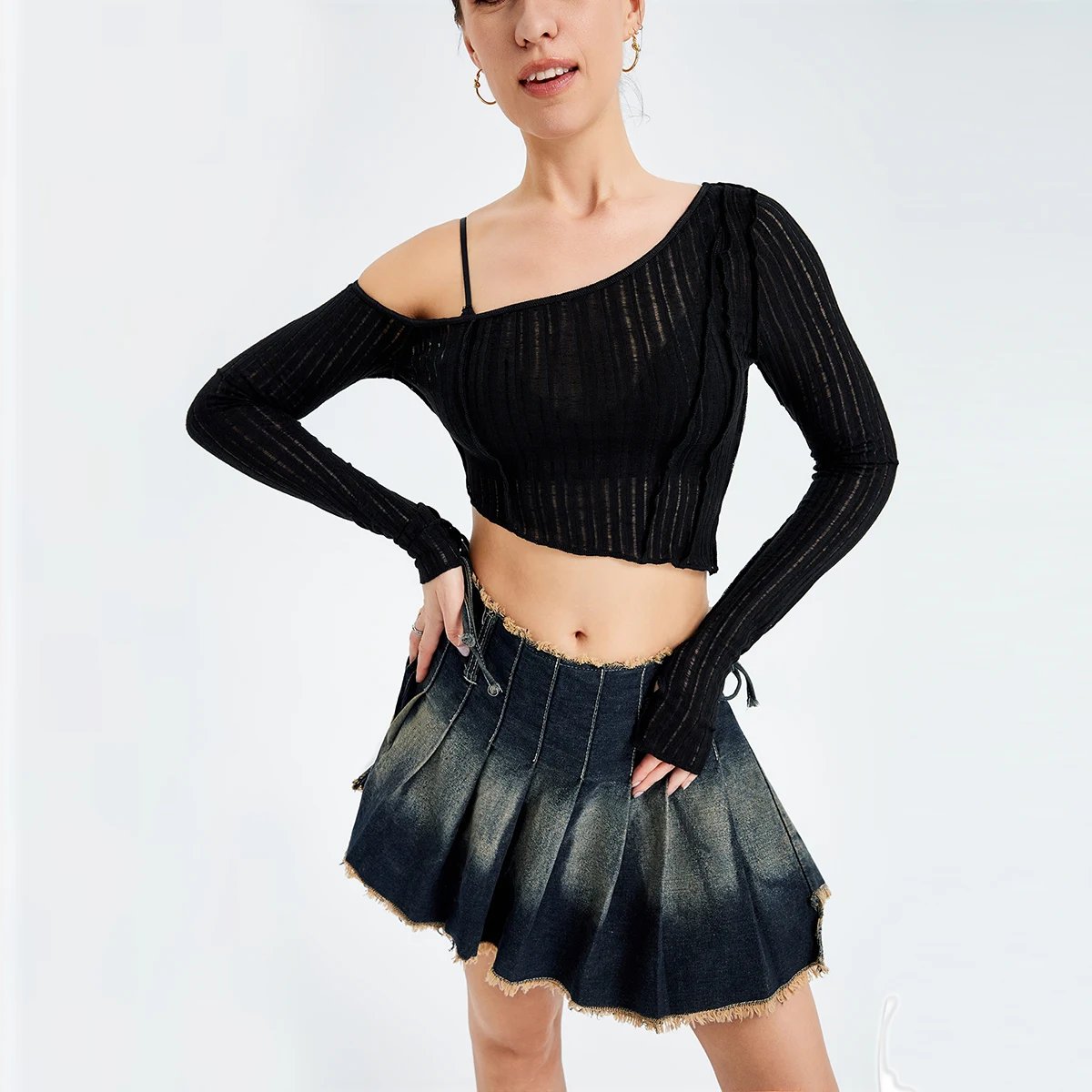 Title 5, Hollow Out Irregular Long Sleeve Strapless