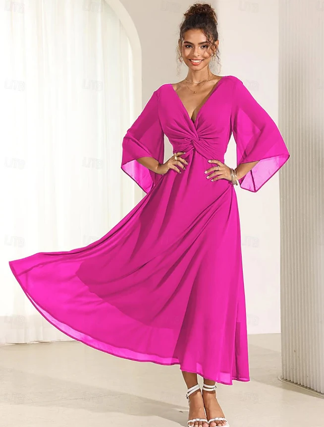 Title 2, Solid Color V-neck Bell Sleeve Extra Long Dress
