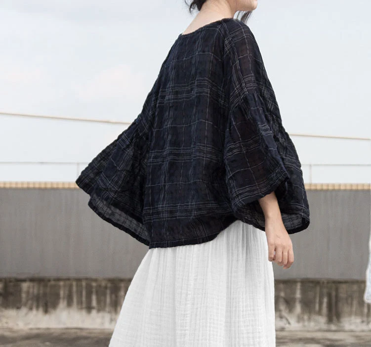 Spring And Summer Ramie Jacquard Hairline Rule Plaid Large Lotus Leaf Eight-quarter Sleeve Loose Blouse — photo 6