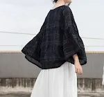 Spring And Summer Ramie Jacquard Hairline Rule Plaid Large Lotus Leaf Eight-quarter Sleeve Loose Blouse — photo 6