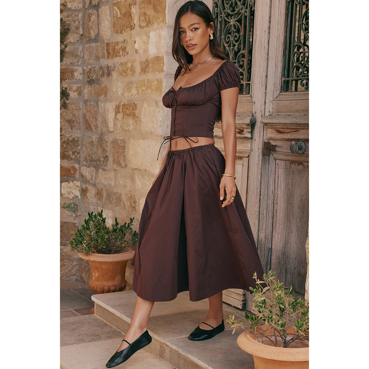 Title 5, Square Collar Puff Sleeve Crop Top & Skirt Suit...