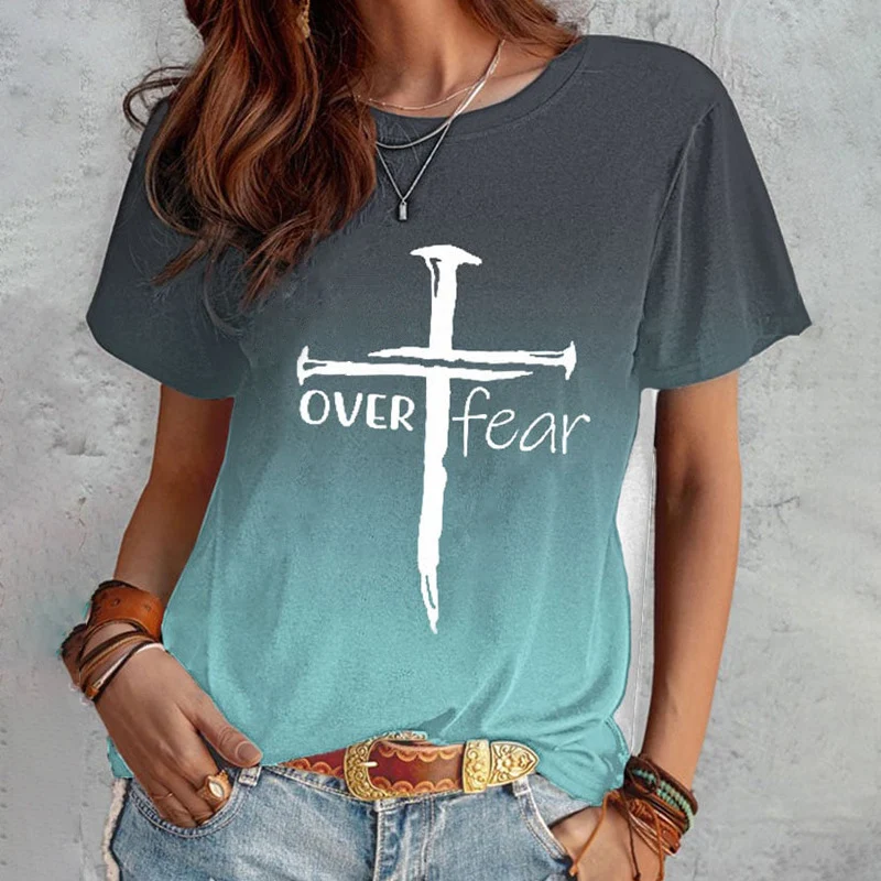 Women's Summer Short Sleeve T-shirt with Cross and Letter Print Tops, comfortable and stylish, perfect for everyday wear — photo 5