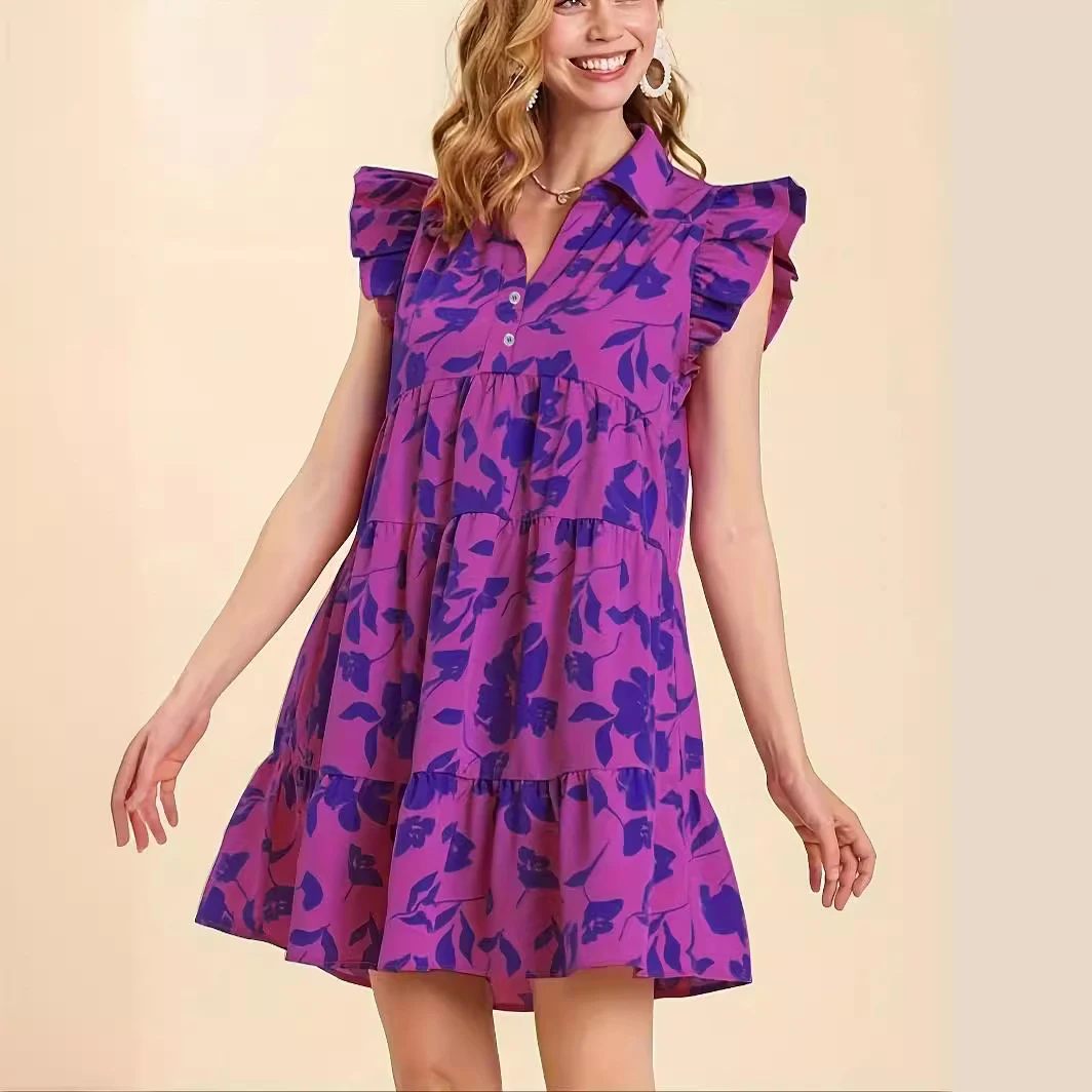 Women's V-neck Flounce Magenta Floral Dress — photo 6