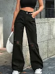 Jeans de cintura alta con agujeros, pernera ancha, pantalones vaqueros informales para mujer, comodidad y estilo diario. — foto 11