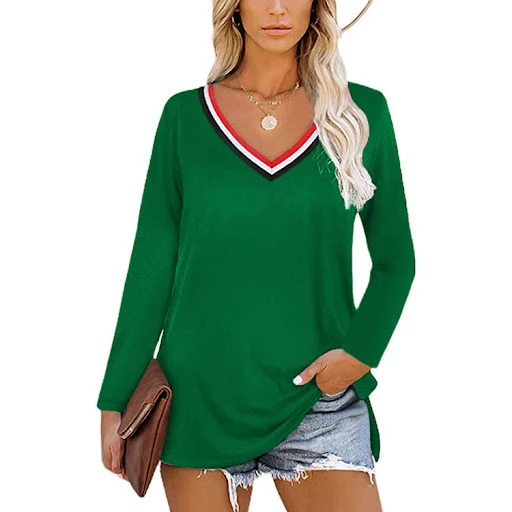 Title 5, Top V-Neck Striped Panel Slit Long Sleeve T-Shirt