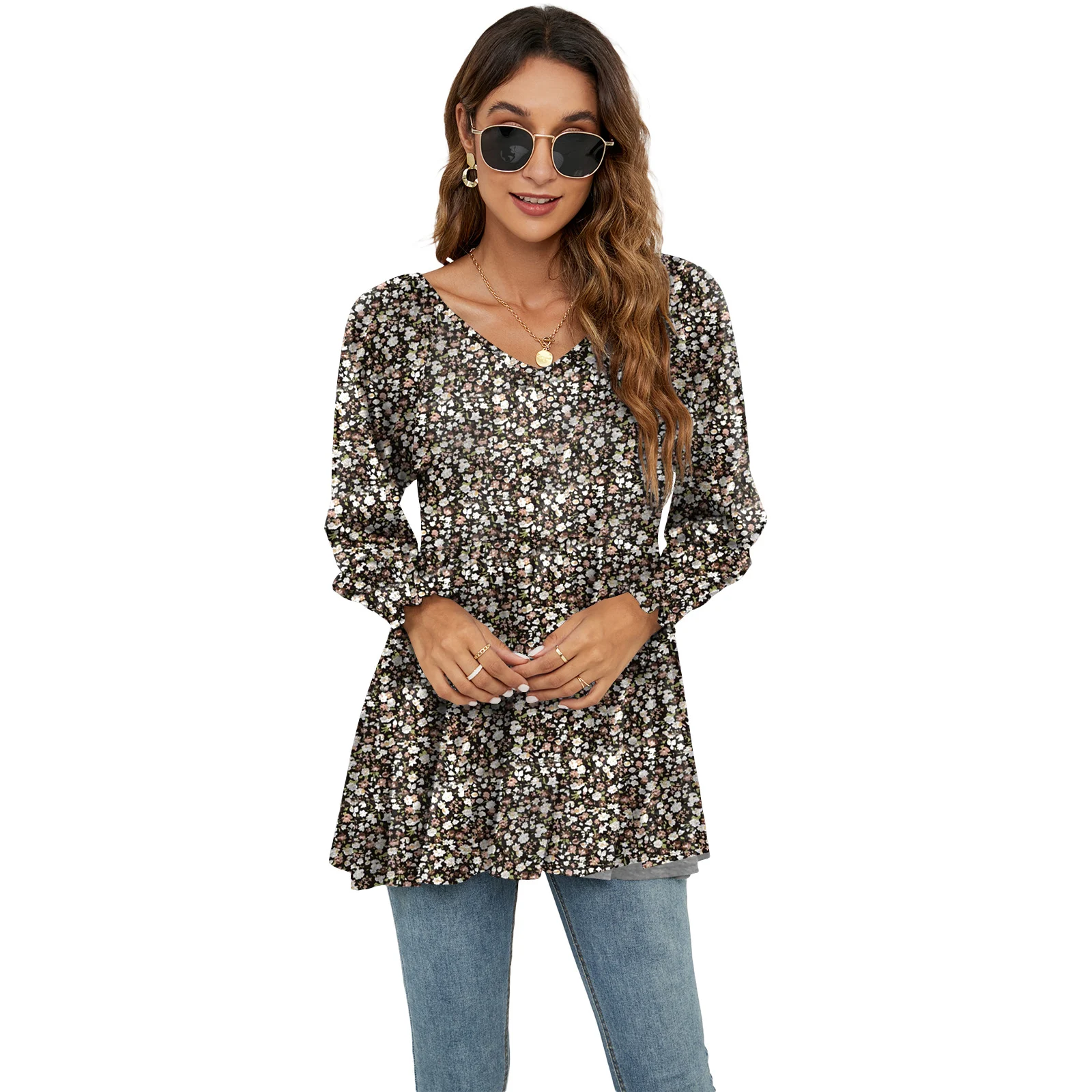 Tops de manga comprida bufante femininos com estampa de flores casual blusa com decote em V camisetas babydoll — foto 7