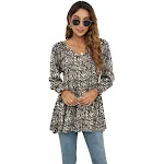 Tops de manga comprida bufante femininos com estampa de flores casual blusa com decote em V camisetas babydoll — foto 7