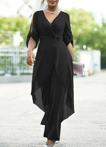 Title 5, Elegant Casual Solid Color Slim V-neck One-piec...