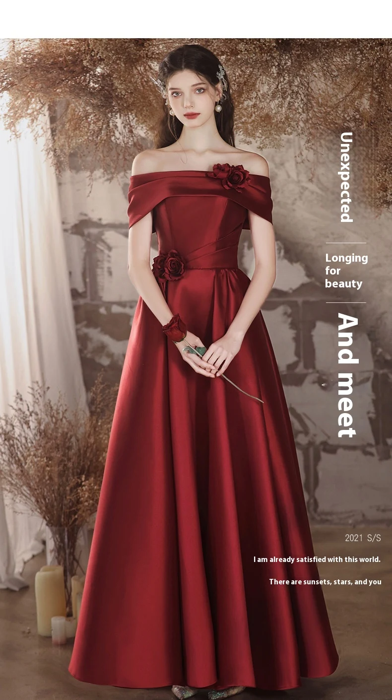 Title 2, Off-shoulder Satin Toast Wedding Flower Evening...