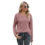 T-shirt basic casual con cappuccio e scollo a V a maniche lunghe, tinta unita, versatile e confortevole, perfetto come sottogiacca per ogni giorno — foto 13