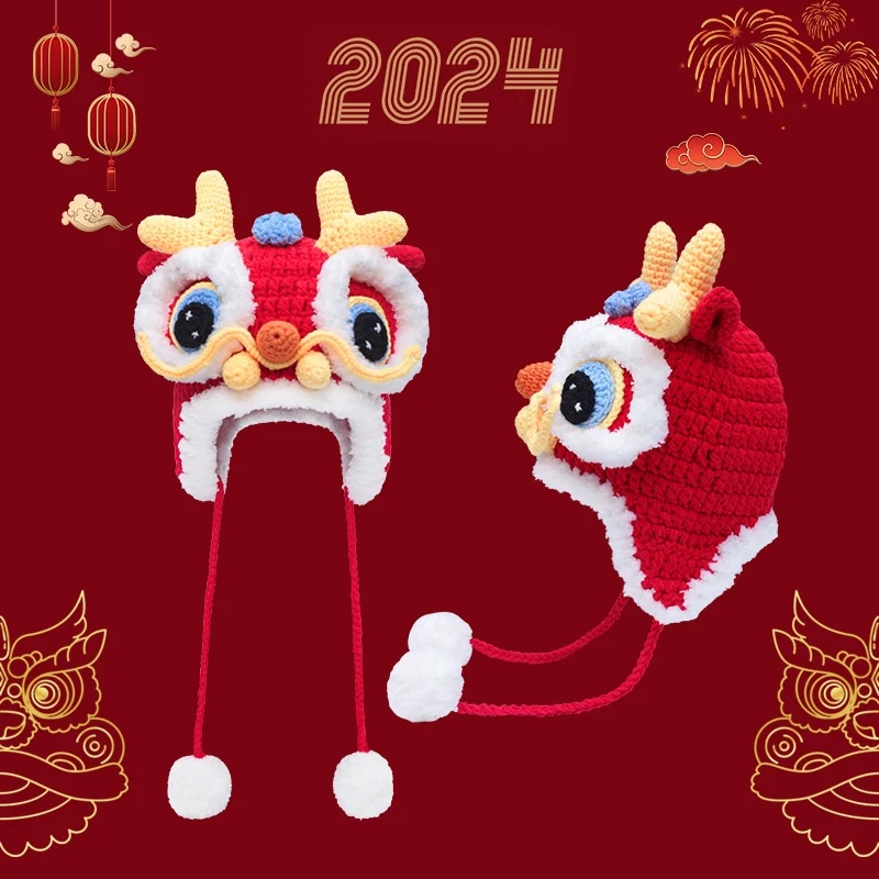 Chapéu de Ano Novo Chinês Vermelho para Bebê, Tricot Tigre Cabeça, Celebração Feliz do Ano do Dragão, Gorro Xingshi com Manga — foto 1
