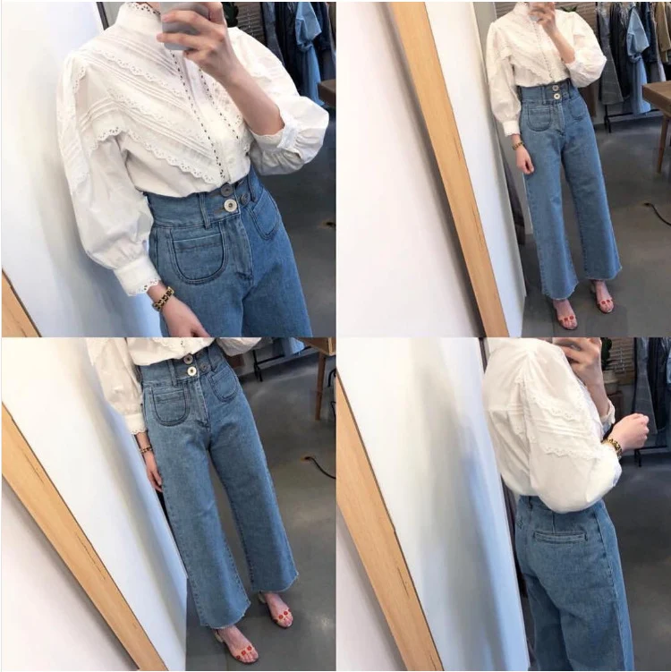 Dames retro jeans met hoge taille, dubbele rij knopen, zakken, losse pasvorm, afslankend en wijde pijpen. — foto 5