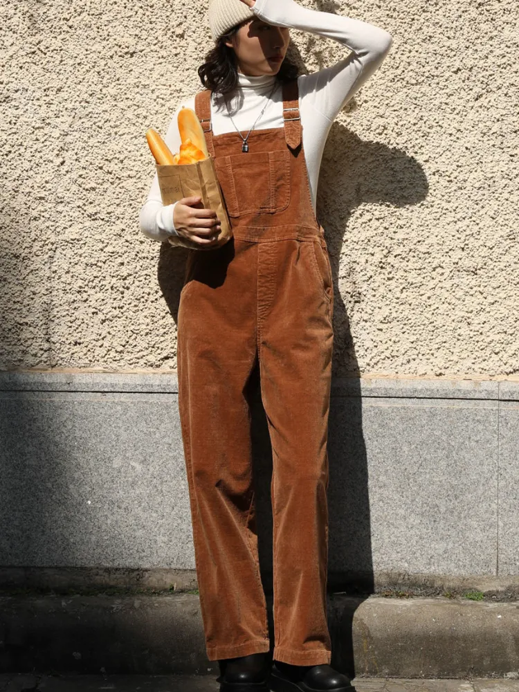 Title 8, Corduroy Solid Color Casual Suspender Trousers ...