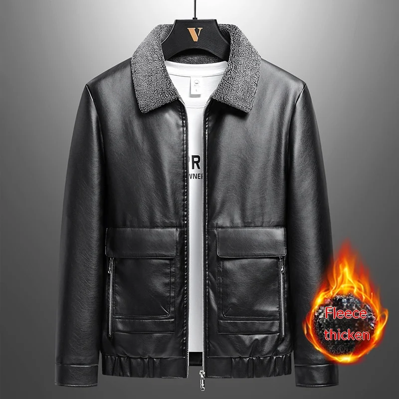 Men's Winter Warm Jacket, Thickened PU Leather, Fleece Lined, Cashmere Fur Integrated, Winter Coat — photo 13