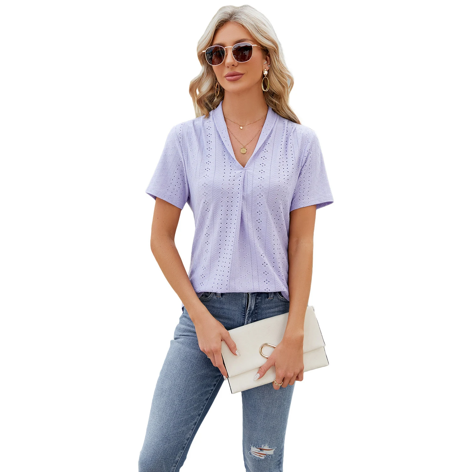 Women's Summer V-neck Hollow Design T-shirt. Loose short-sleeved top, perfect for warm weather, offering comfort and a s — photo 3