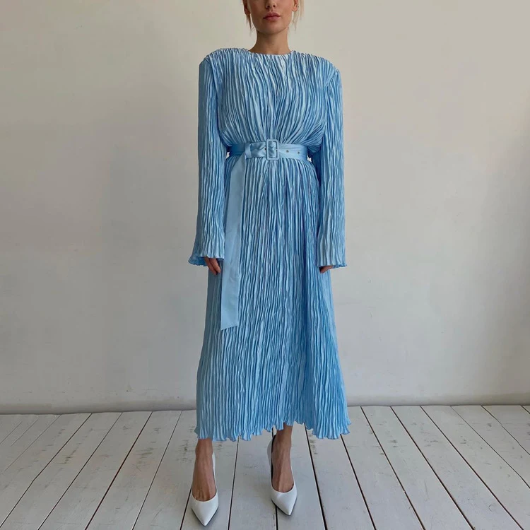 Title 2, Long Sleeve Belt Pleated Dress