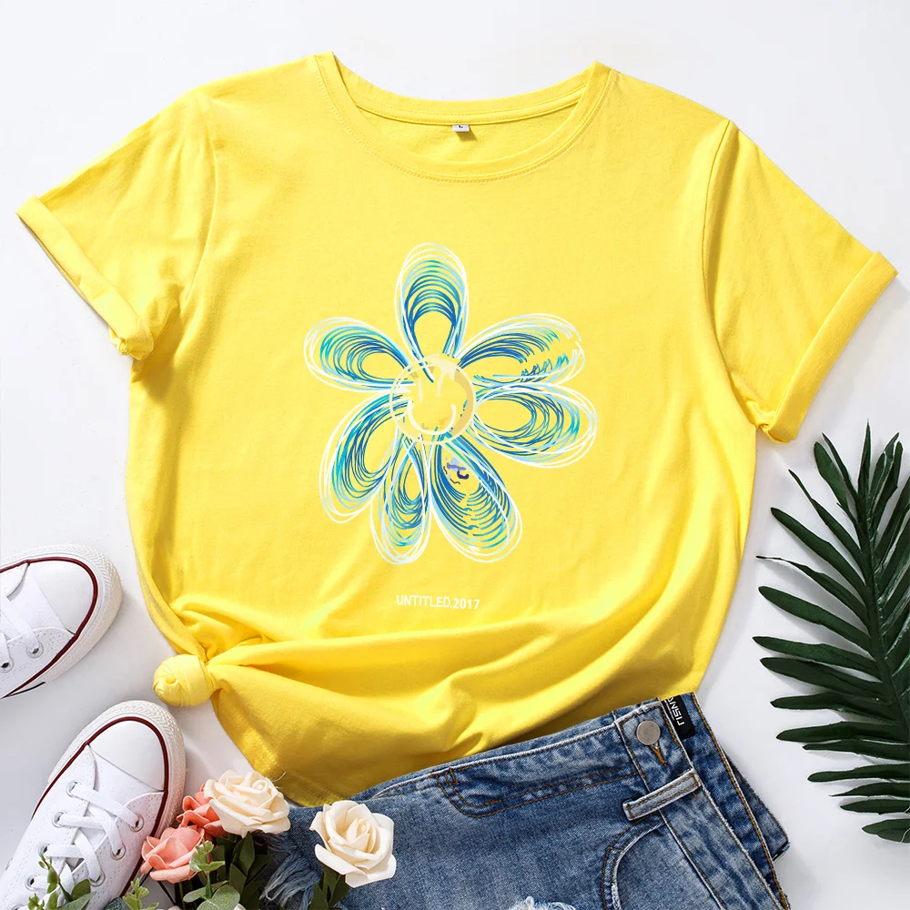 European and American cotton loose round neck creative flower short sleeve shirt, comfortable and stylish for everyday w — photo 13