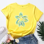 European and American cotton loose round neck creative flower short sleeve shirt, comfortable and stylish for everyday w — photo 13