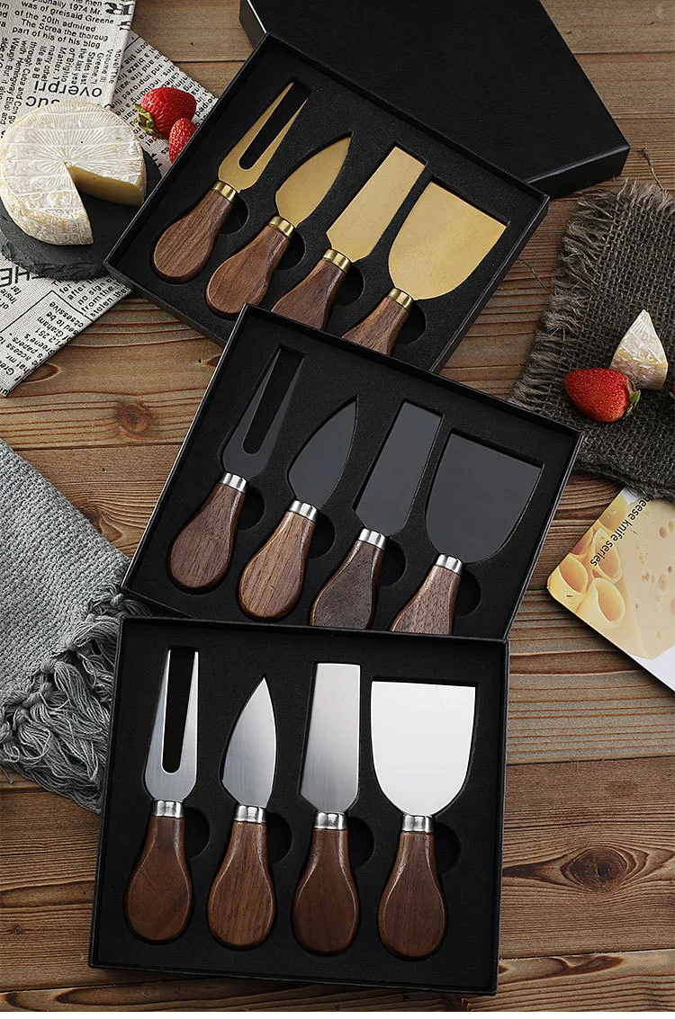 Title 6, Walnut Wooden Handle Boxed Cheese Knife Set Bak...