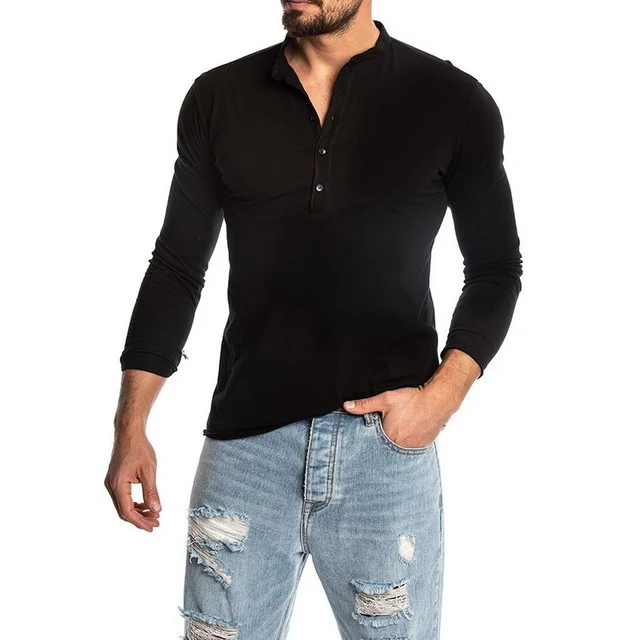 Camisetas masculinas de manga longa com gola O, cor sólida. Moda masculina para um visual casual e confortável em diversas ocasiões. — foto 2