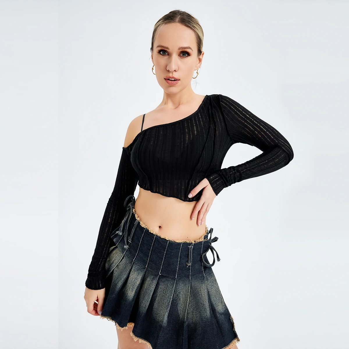 Title 6, Hollow Out Irregular Long Sleeve Strapless