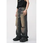 Men's Fashion Retro Distressed Rust Earthy Hole Raw Hem Jeans. Vintage Style Denim. Rugged and Stylish Jeans for Men. — photo 8
