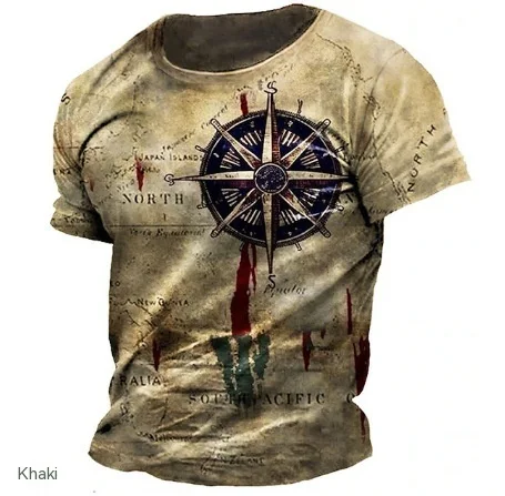 Zomer T-shirt voor heren, 3D kompas print, ronde hals, korte mouwen. Comfortabel en stijlvol voor warme dagen. Ideaal voor avontuur. — foto 3