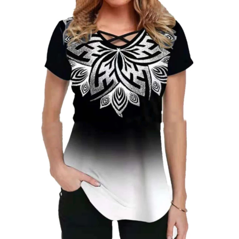 Women's Fashion Casual Print Tie V-Neck Short Sleeve T-Shirt — photo 8