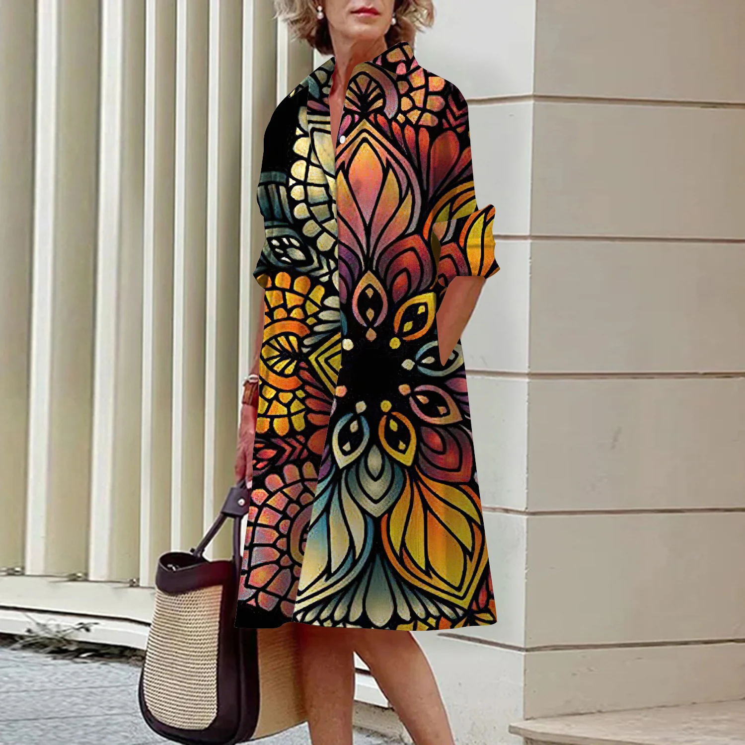Vestido camisero de mujer con estampado digital 3D de patrón abstracto — foto 17