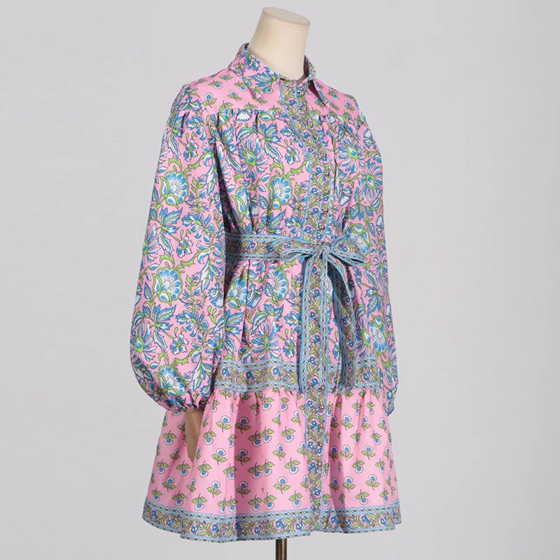 Title 6, French Style Printing Lapel Long Sleeve Lace-up...
