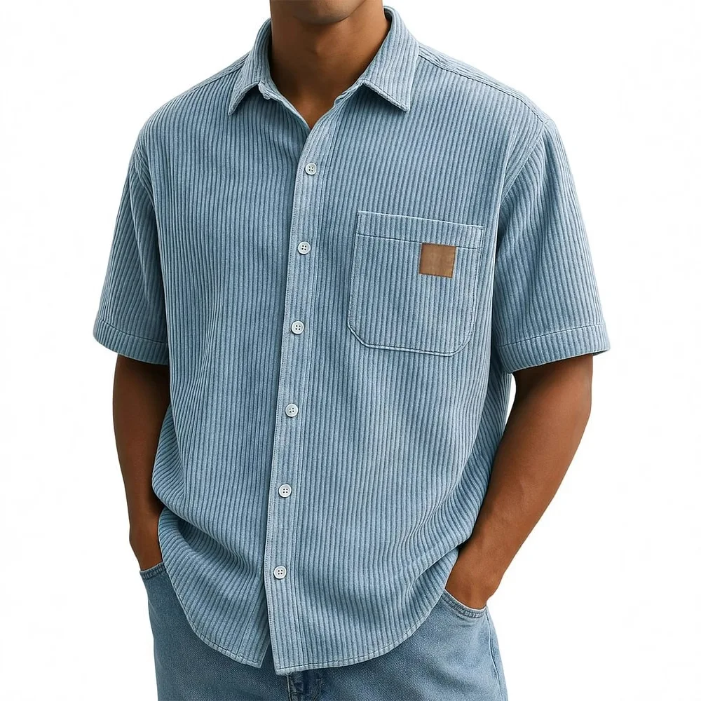Versatile Leisure Corduroy Leather Sticker Pocket Short Sleeve Shirt. Enjoy comfort and style with this shirt. Perfect f — photo 16