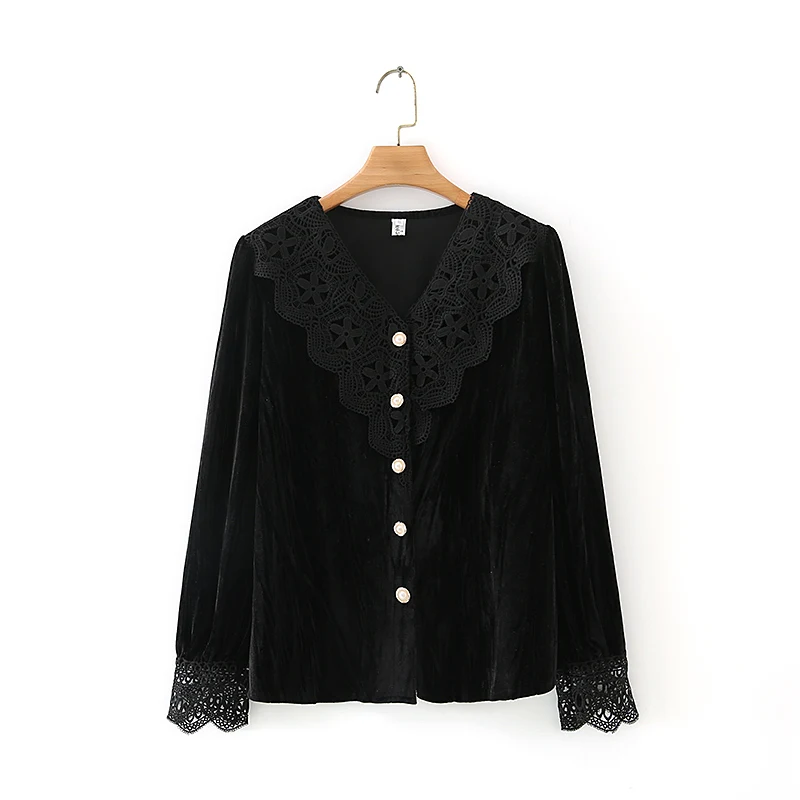 Lace Stitching Velvet Long-sleeved Shirt Top — photo 1