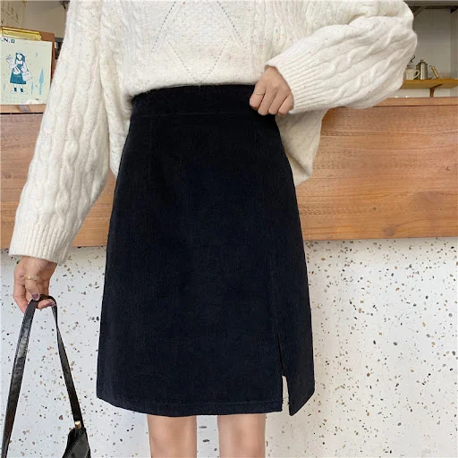 Title 6, Plus Size Corduroy Skirt With High Waist Slits....