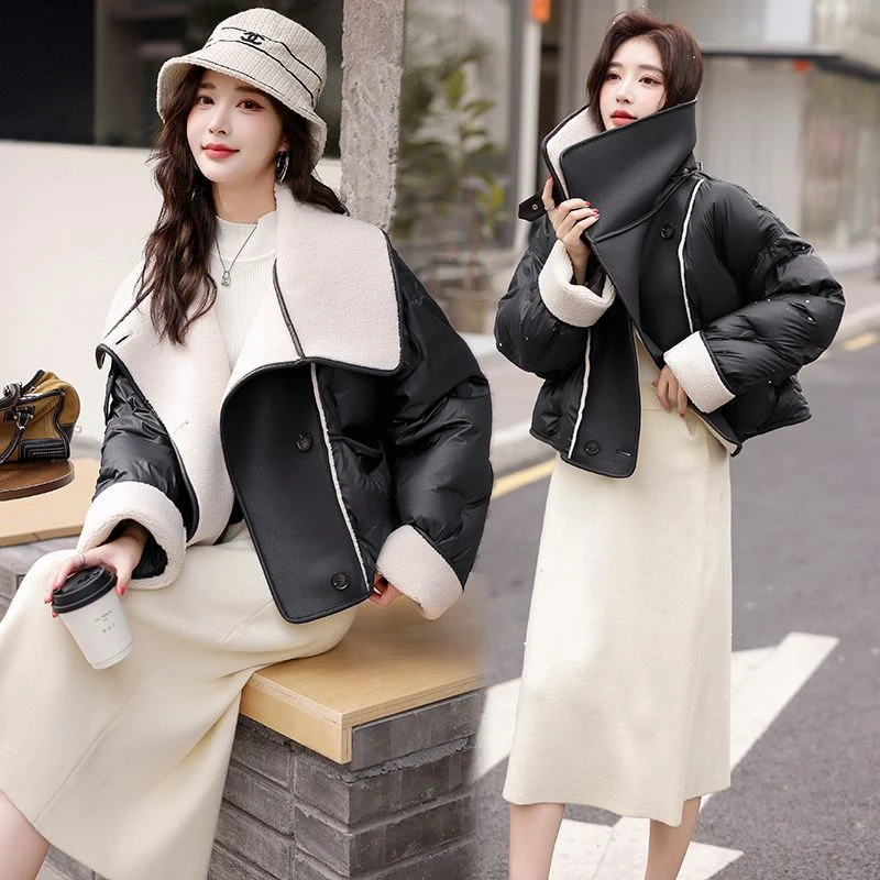 Jaqueta de down Maillard Lapel curta de PU com costura grossa e solta. Perfeita para o inverno, quentinha e estilosa. — foto 3