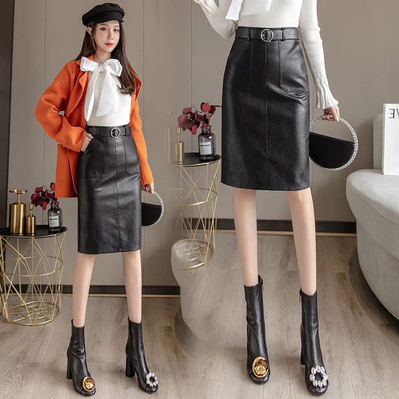 Falda midi con abertura y cintura alta de cuero PU para mujer Moldea tu figura con estilo y comodidad, perfecta para cualquier ocasión. — foto 1