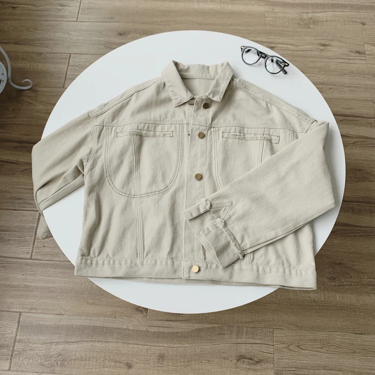 Title 13, Jaqueta curta jeans bege estilo Western feminin...