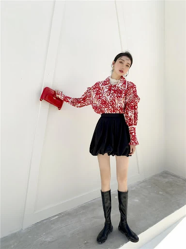 Title 4, French Retro New Year Red Floral Shirt