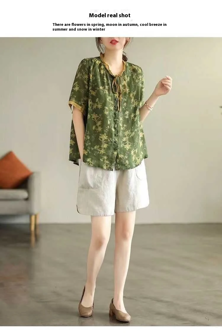 Vintage Ramie Printed Shirt Lace-up Lace Collar Top Single-breasted Loose — photo 21