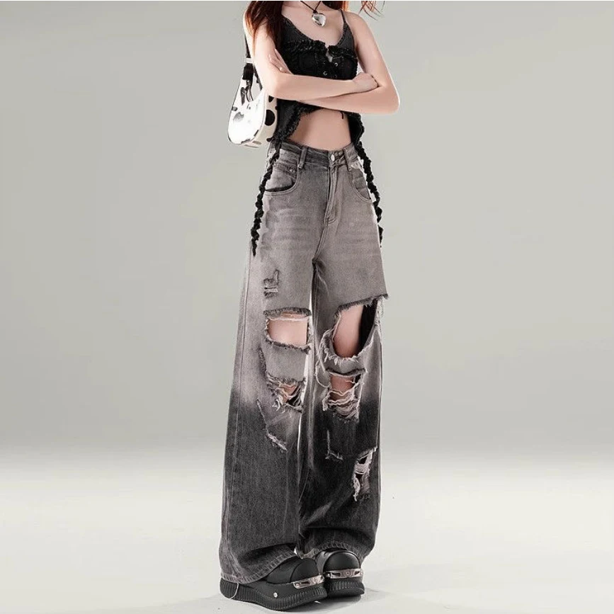 Zwarte ripped wide-leg jeans met verloop voor dames, hoge taille, losse rechte broek. Een stijlvolle en comfortabele keuze. — foto 1