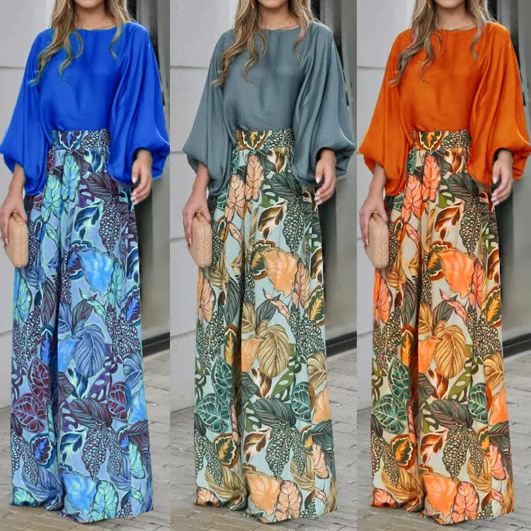 Completo donna due pezzi, top stampato con maniche a lanterna e pantaloni a gamba larga, perfetto per un look alla moda e confortevole. — foto 5